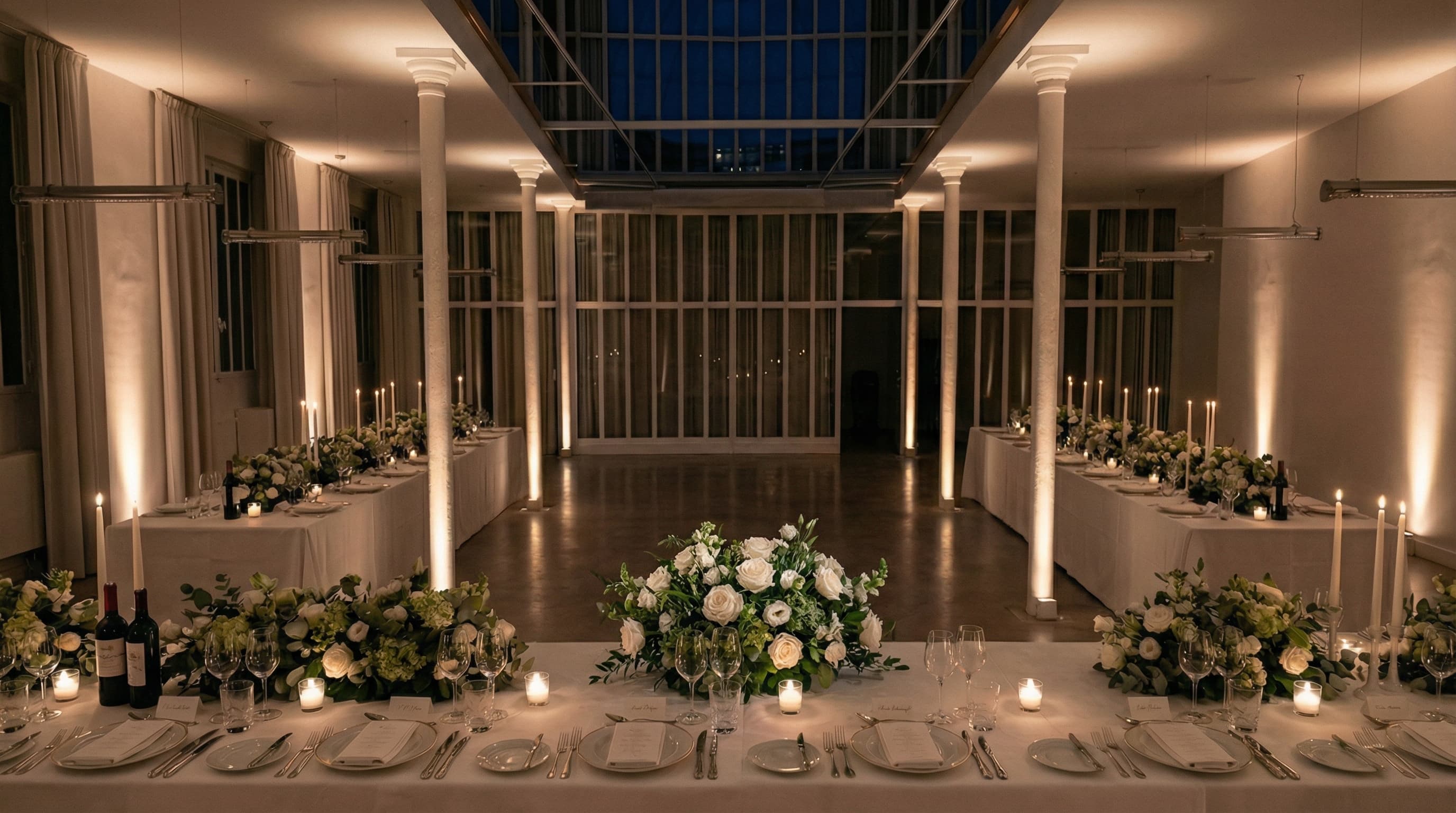 Dîner élégant aux bougies sous la verrière du Loft République