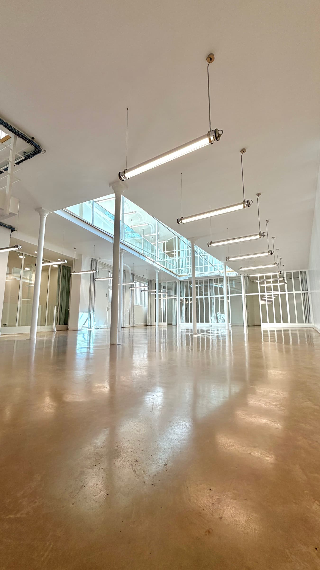 Enfilade du plateau RDC avec rangée de suspensions industrielles sous la verrière