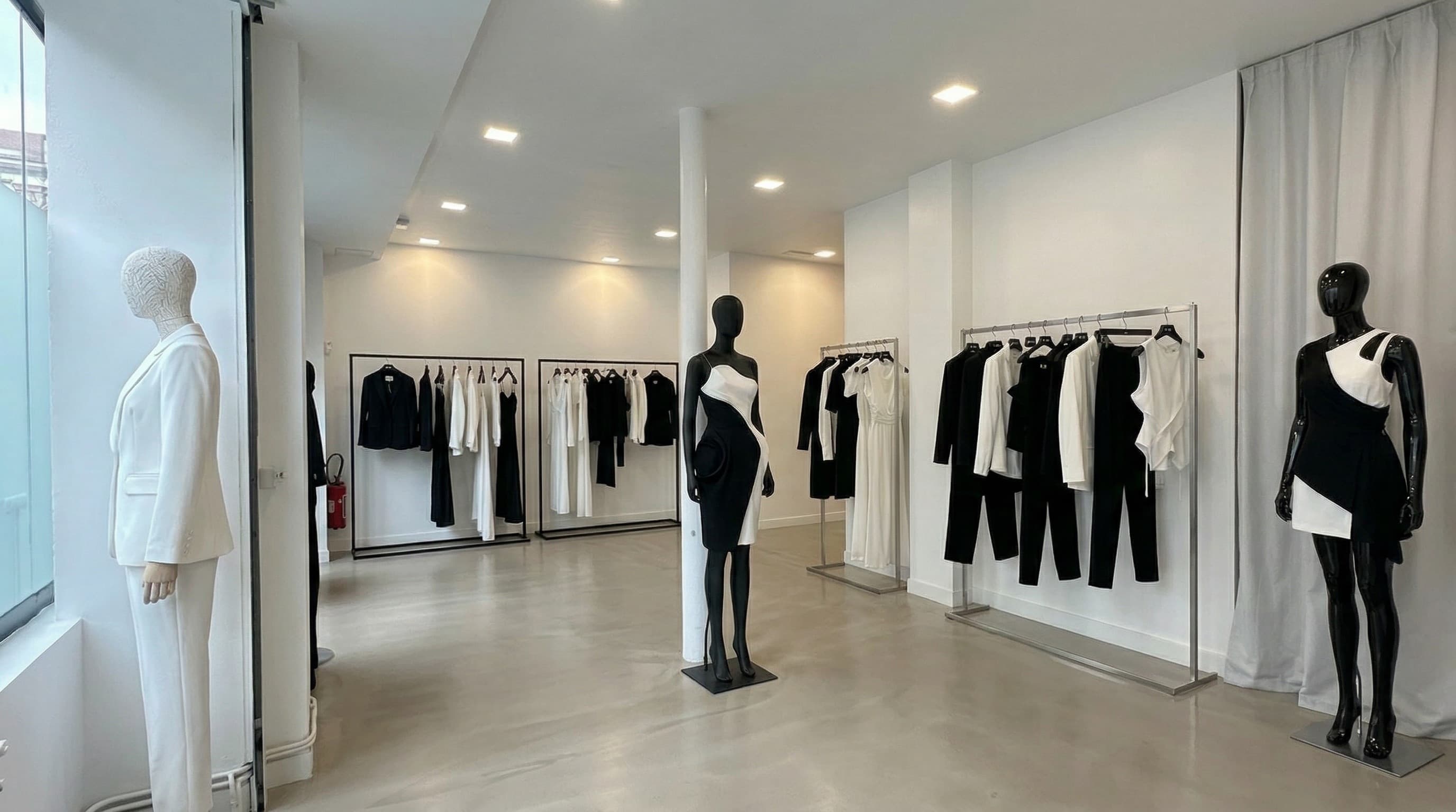 Showroom mode avec mannequins et portants dans le loft