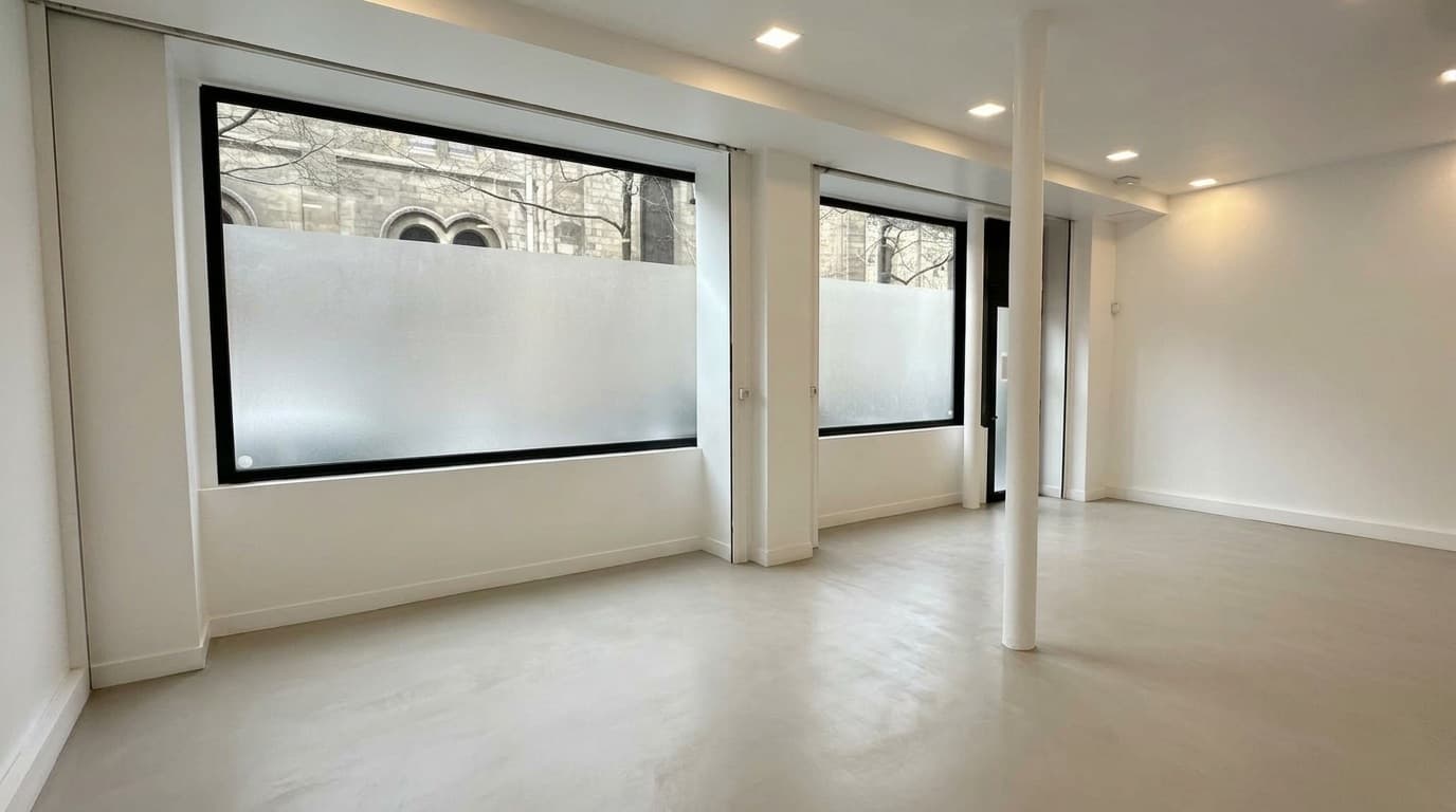 Salle vitrée rez-de-chaussée avec parquet et fenêtres dépoli